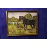 G. BYRNE, "A MARE, FOUL & FOX", oil on canvas board, signed lower right, inscribed with title verso,