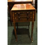 A LATE 19TH CENTURY ROSEWOOD CROSSBANDED DROP LEAF WORK TABLE, with two drawers over a drop wool