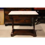 A VERY FINE 19TH CENTURY MARBLE TOPPED CONSOLE TABLE, with arched side pod supports and turned