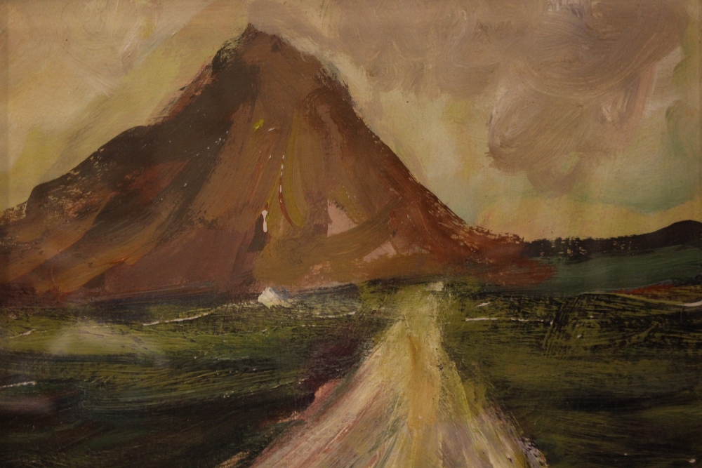 20TH CENTURY, IRISH SCHOOL, "MOUNTAIN ROAD", oil on card, signed lower left indistinctly, 14" x - Image 2 of 3