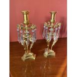 A PAIR OF ORMOLU & GLASS LUSTRE CANDLESTICKS, French, circa 1830 11.75” approx tall