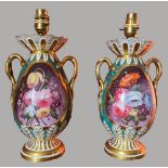 A PAIR OF DAVENPORT FINELY PAINTED VASES, circa 1840, converted to lamps, with gilt and floral