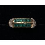 A 9CT YELLOW GOLD EMERALD & DIAMOND BOMBAY BAND STYLE RING, ring size P