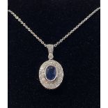 A 9CT WHITE GOLD VINTAGE SAPPHIRE & DIAMOND PENDANT, in magnificent condition