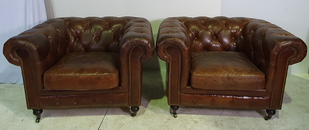 A QUALITY PAIR OF REAL LEATHER CHESTERFIELD ARMCHAIRS, 20TH CENTURY, in perfect condition