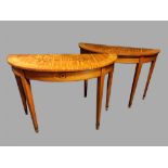 A TOP QUALITY PAIR OF 20TH CENTURY HIGHLY INLAID SATINWOOD DEMI LUNE SIDE TABLE, 33” (h) x 48” (w) x