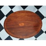 AN EDWARDIAN OVAL MAHOGANY SATINWOOD INLAID SNAP TOP WINE TABLE, 20” x 28” x 28” approx