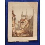 IN THE STYLE OF SAMUEL PROUT, “A CONTINENTAL STREET SCENE”, 19th century watercolour on paper,