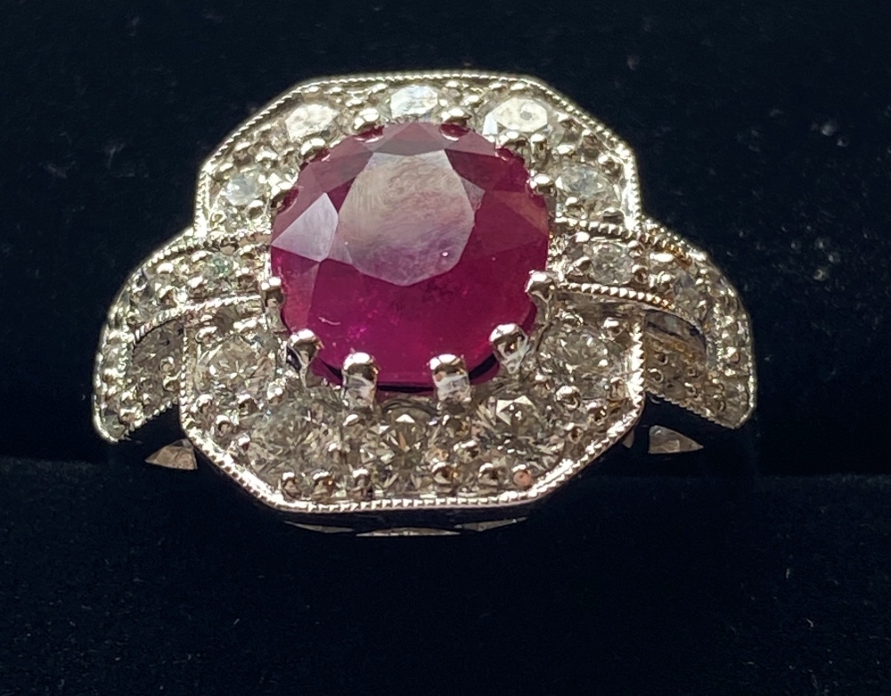 AN 18 CT WHITE GOLD BURMESE RUBY & DIAMOND CLUSTER RING, this is the finest quality Burmese Ruby - Image 7 of 9