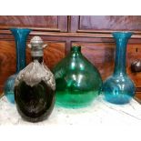 A MIXED GLASS LOT; includes; (i) A pair of blue vases, (ii) a green vase (iii) a pinched deep