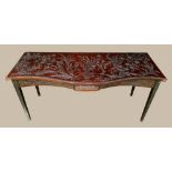 AN UNUSUAL 19TH CENTURY HIGHLY CARVED MAHOGANY CONSOLE / SIDE TABLE, label verso for top London