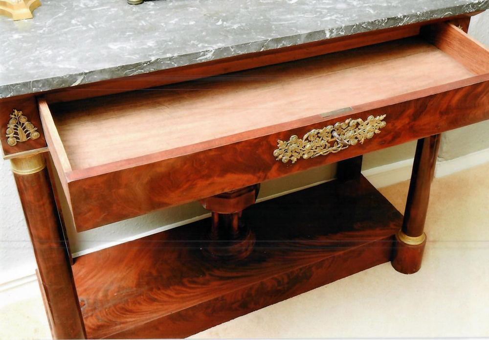 A FRENCH EMPIRE FLAME MAHOGANY ORMOLU MOUNTED MARBLE TOPPED CONSOLE TABLE, with oak lined drawer, - Image 2 of 2