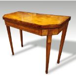 A VERY FINE GEORGE III SATINWOOD CARD TABLE, circa 1790, with canted corners, rosewood cross-banding