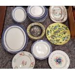 A MIXED BOX OF PLATES & DISHES, various dates and designs, some damaged