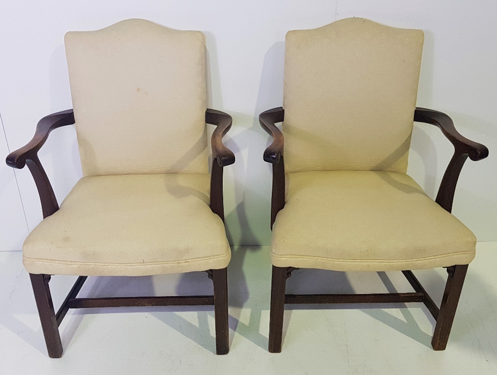 A GOOD QUALITY PAIR OF 19TH CENTURY MAHOGANY FRAMED GAINSBOROUGH ARMCHAIRS, timber good, in need
