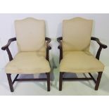 A GOOD QUALITY PAIR OF 19TH CENTURY MAHOGANY FRAMED GAINSBOROUGH ARMCHAIRS, timber good, in need