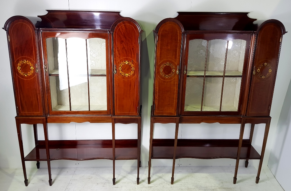 A VERY FINE & RARE PAIR OF EDWARDIAN INLAID MAHOGANY GLAZED DISPLAY CASES, each cabinet with a