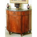 A GEORGE III DEMI LUNE COMMODE, with marble top, circa 1790, with brass capped feet, 21” x 43” x