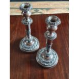 A PAIR OF LARGE SILVER PLATED CANDLESTICKS, Sheffield, circa 1820, 12.5” tall approx