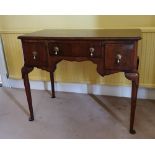 AN 18TH / 19TH CENTURY WALNUT LOWBOY, with excellent veneers, 3 drawers, with shaped apron, raised
