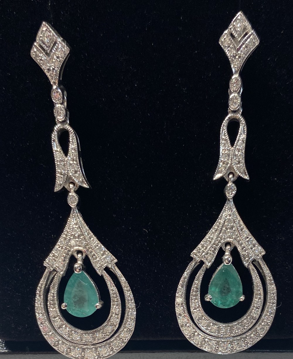 A PAIR OF 18CT WHITE GOLD ART DECO NATURAL COLUMBIAN EMERALD & DIAMOND DROP EARRINGS, the Emerald is - Image 2 of 3