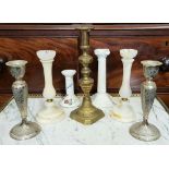 A SELECTION OF CANDLE STICKS, includes; (i) A pair of silver plated sticks with floral motif, (ii) A