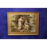 A FRAMED PRINT, "TWO LADIES BY A RIVER", 19" x 13" approx print, 24" x 17" approx frame