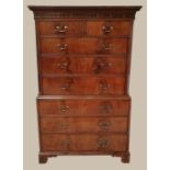 A GOOD QUALITY GEORGIAN MAHOGANY CHEST ON CHEST, with dentil cornice over an inlaid top section,