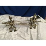 A SET OF 3 BRASS VICTORIAN FIRE IRONS with dogs