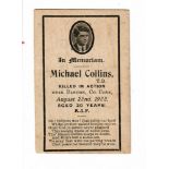 A MICHAEL COLLINS MEMORIAL CARD, "In Memoriam. Michael Collins, T.D., Killed in action, Near Bandon,