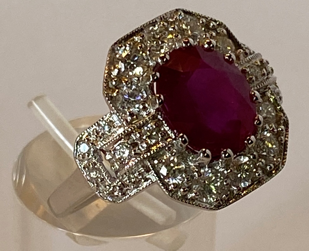 AN 18 CT WHITE GOLD BURMESE RUBY & DIAMOND CLUSTER RING, this is the finest quality Burmese Ruby - Image 6 of 9