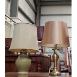 TWO TABLE LAMPS, (i) ceramic green table lamp with shade, 17" tall approx with shade (ii) a