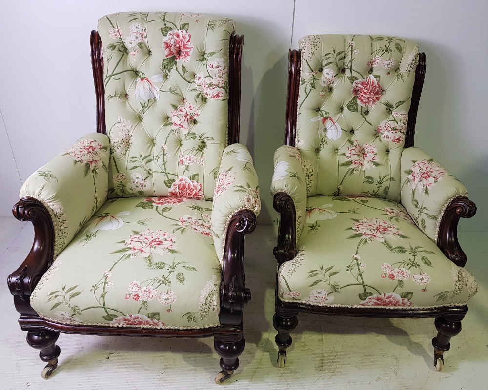 A TOP QUALITY FULLY RESTORED PAIR OF "HIS & HERS" 19TH CENTURY LIBRARY ARMCHAIRS covered with floral