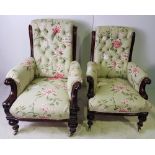 A TOP QUALITY FULLY RESTORED PAIR OF "HIS & HERS" 19TH CENTURY LIBRARY ARMCHAIRS covered with floral