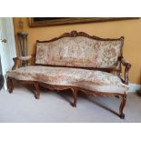A LATE 19TH CENTURY FRENCH MAHOGANY & PARCEL GILT SOFA, with Tapestry and silk covering, 72” long