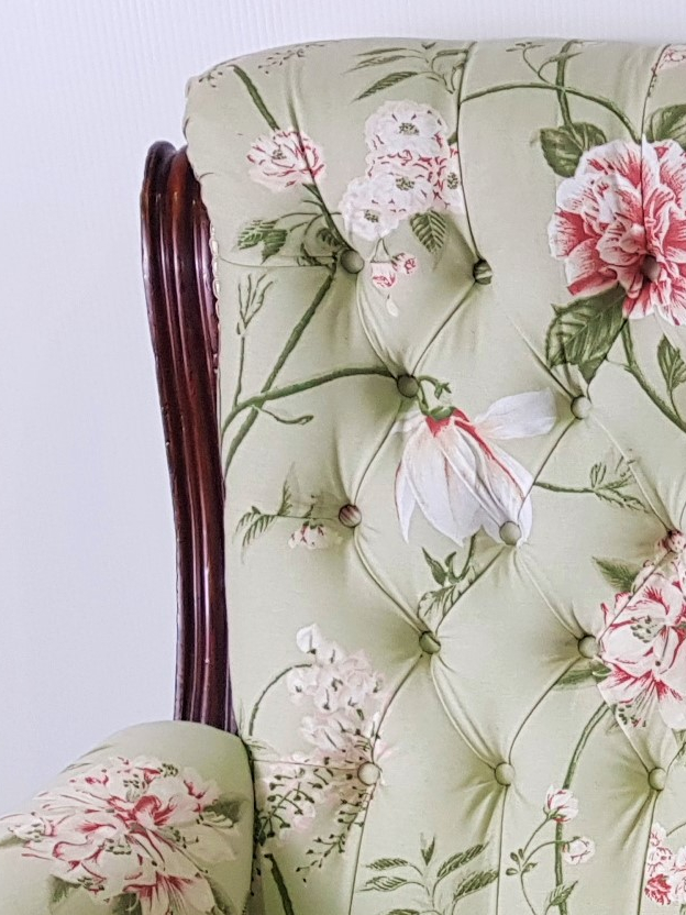 A TOP QUALITY FULLY RESTORED PAIR OF "HIS & HERS" 19TH CENTURY LIBRARY ARMCHAIRS covered with floral - Image 2 of 3