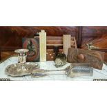 A MIXED LOT OF ITEMS; includes; (i) A letter tray with inlaid brass detail, (ii) A slide rule (
