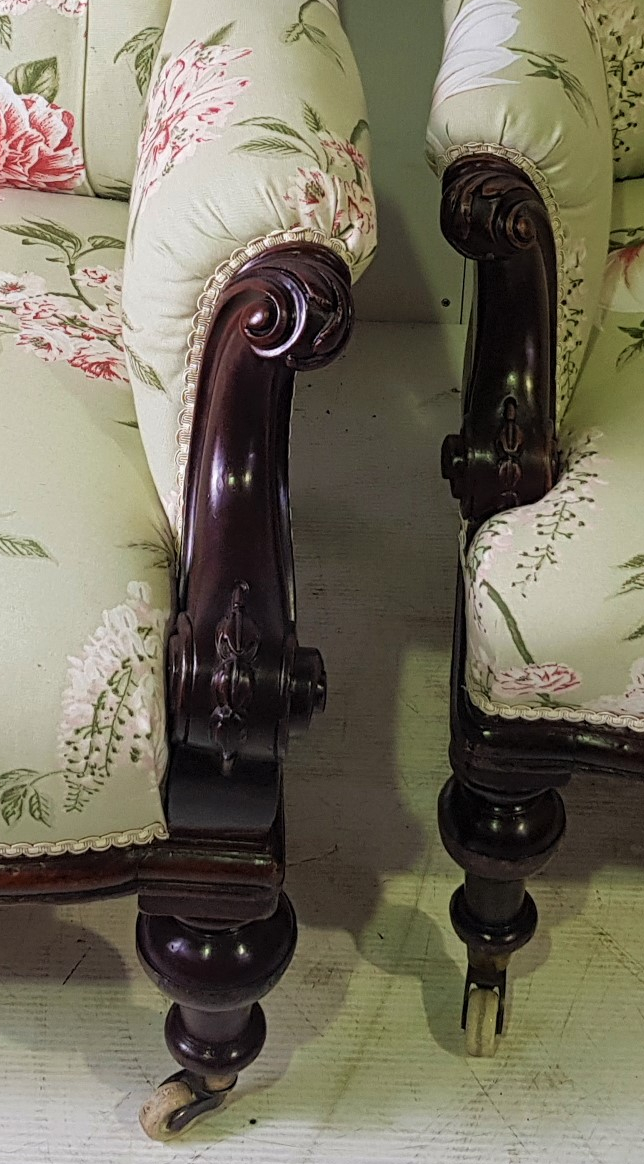 A TOP QUALITY FULLY RESTORED PAIR OF "HIS & HERS" 19TH CENTURY LIBRARY ARMCHAIRS covered with floral - Image 3 of 3