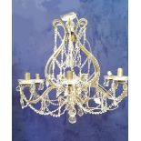 A SIX BRANCH HANGING GLASS CHANDELIER, 26" drop, 28" wide approx