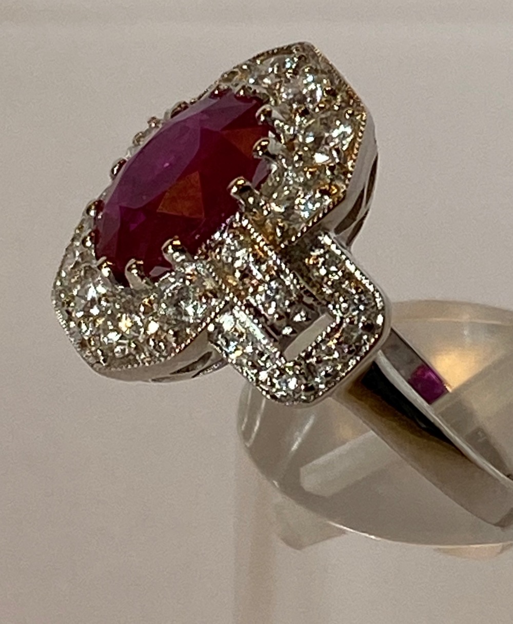 AN 18 CT WHITE GOLD BURMESE RUBY & DIAMOND CLUSTER RING, this is the finest quality Burmese Ruby - Image 2 of 9