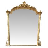 A GOOD QUALITY VERY LARGE 19TH CENTURY GILT OVER-MANTLE MIRROR, with column sides, and curved top