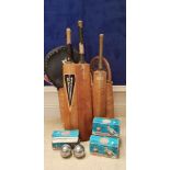 A MIXED SPORTING INTEREST LOT, includes; Three wooden cricket bats, (i) one embossed “Force –