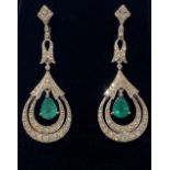 A PAIR OF 18CT WHITE GOLD ART DECO NATURAL COLUMBIAN EMERALD & DIAMOND DROP EARRINGS, the Emerald is