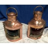 A PAIR OF COPPER SHIPS LAMPS WITH ORIGINAL BURNERS, 40cm high approx