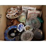 A MISCELLANEOUS BOX OF ITEMS; includes trophy bases, ornaments, glassware etc