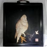 A 19TH CENTURY JAPANESE FRAMED CARVED PICTURE OF AN EAGLE, signed, 27cm x 25cm approx