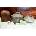 A MIXED LOT OF ITEMS; includes; (i) An antique pewter container, oval form with lid having dolphin