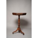 A 19TH CENTURY YEW & FRUITWOOD WORK TABLE c.1860, with cross banded octagonal lift up top, on carved