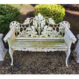 A PAIR OF VERY HEAVY COALBROOK DALE DESIGN GARDEN SEATS, in the oak and ivy pattern, with timber