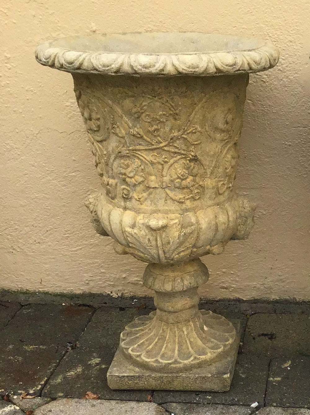 A PAIR OF STONE GARDEN URNS, 61cm high approx - Image 2 of 2